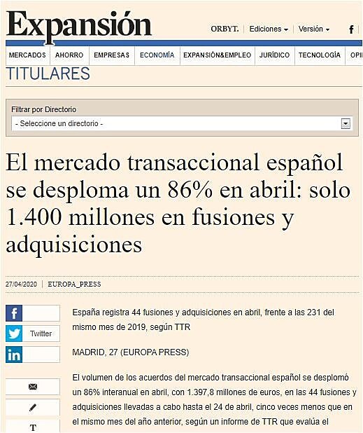 El mercado transaccional espaol se desploma un 86% en abril: solo 1.400 millones en fusiones y adquisiciones